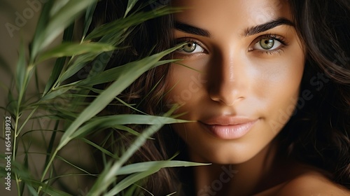 Beautiful young woman with green leaves looking at camera. closeup