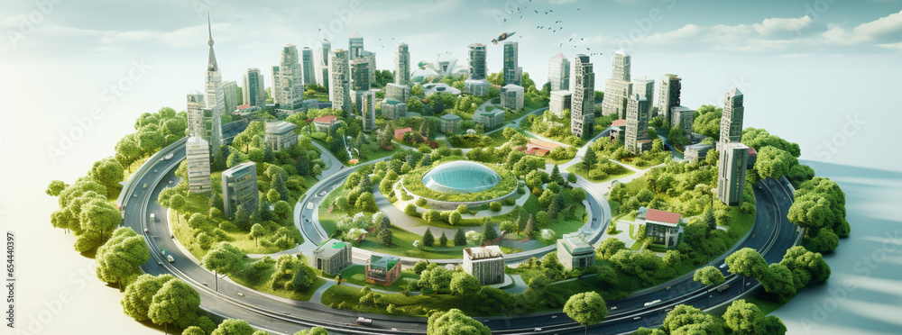 Green community with Digital smart city infrastructure and rapid data network. Digital city, smart society, minitiature homes and futuristic smart homes - obrazy, fototapety, plakaty 