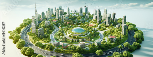 Green community with Digital smart city infrastructure and rapid data network. Digital city, smart society, minitiature homes and futuristic smart homes