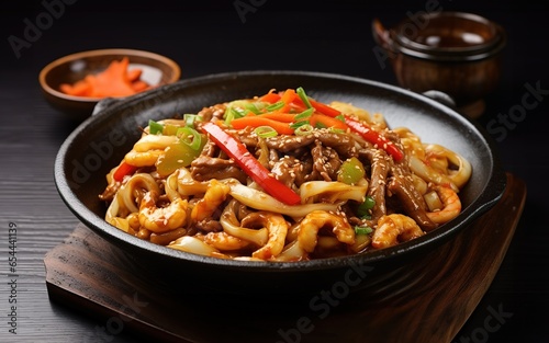 Fried Yaki Udon Noodles with Salmon Fish, Shrimp, Vegetables and Soy-Based Sauce
