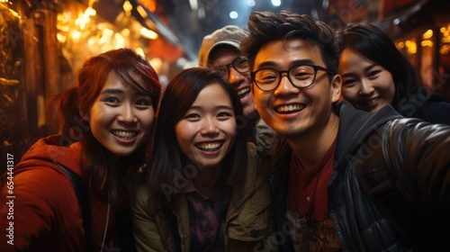 Happy Asian students capturing a cheerful selfie moment on the street.