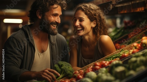 Cheerful young vegetarian couple happily choosing fresh vegetables in the store.
