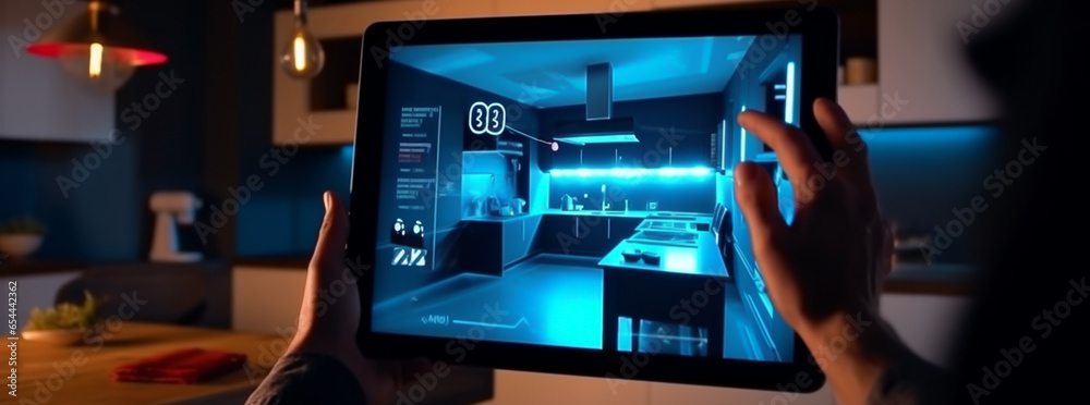 Augmented reality interface in futuristic smart home, concept of ...