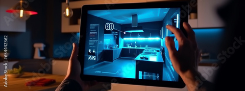 Augmented reality interface in futuristic smart home, concept of technology and sustainable development