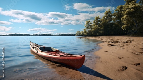 : A birthday kayak resting on a pristine, sandy shore surrounded by untouched nature.