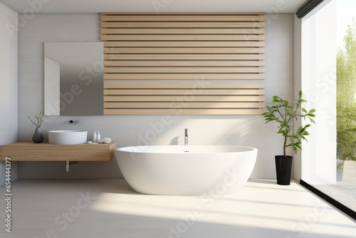 A bathroom with a freestanding bathtub in white colors.