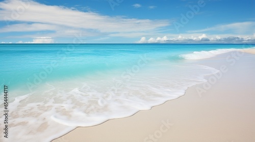 : A pristine, white-sand beach stretching endlessly, lapped by gentle turquoise waves.