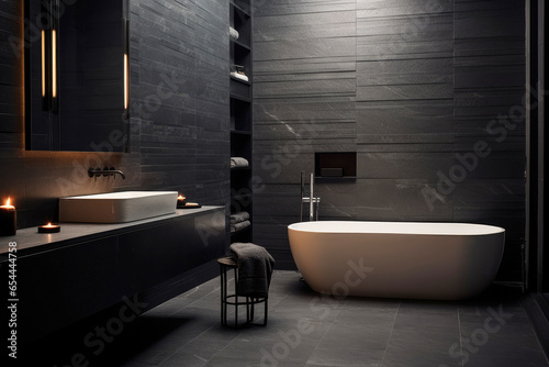 Dark bathroom interior with black wooden walls  white bathtub.