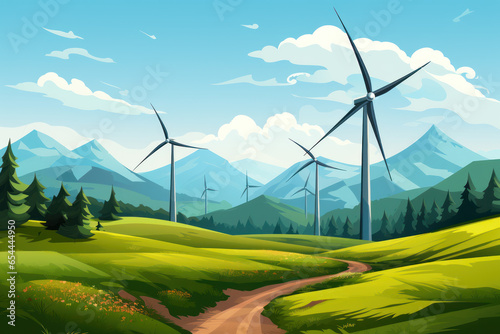 Wind turbines in a mountainous area, alternative energy sources in the mountains, green eco energy, illustration