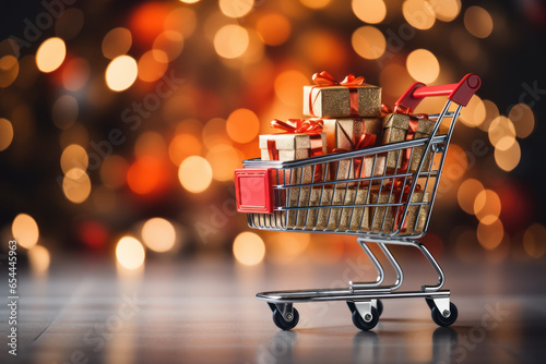 Shopping cart with gift boxes for anniversary or birthday or Valentine's day, blurred background with bright lights