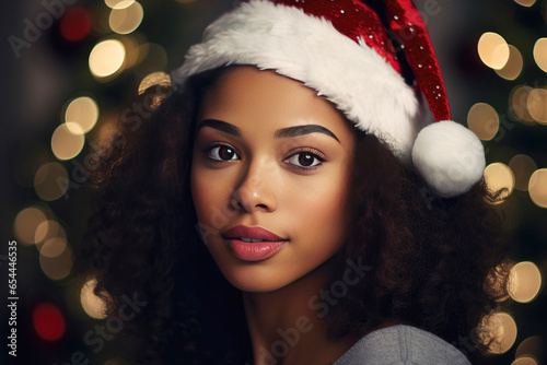 A black woman in a red New Year's hat on the background of a Christmas tree