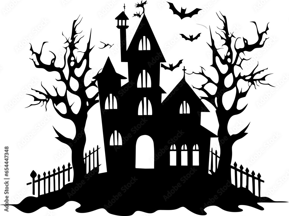 Illustration of silhouette a scary house. Mystical house with monsters and ghost for Halloween. Spooky house. Vector illustration for the store. Tattoo.