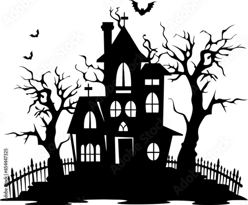 A silhouette haunted Halloween house with spooky trees icon. Vector halloween house icon