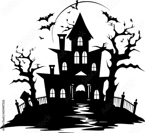 A silhouette haunted Halloween house with spooky trees icon. Vector halloween house icon
