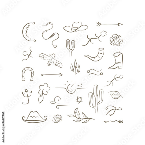 Set of wild west line illustrations in square composition with cactus, moon, horn, arrow, hat