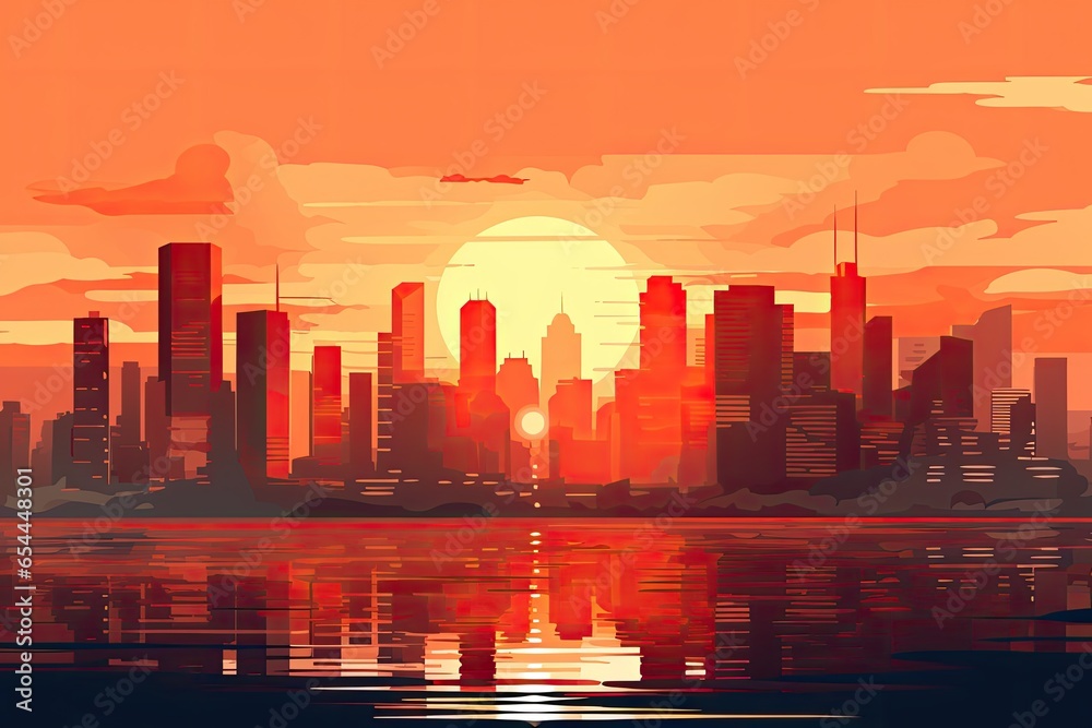 City scenic sunset with outlines of city buildings 