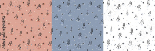 Cute and cozy textured forest trees and snowflakes seamless pattern tiles. Winter holiday season textile all over print, background. Simple trees and snow calm design with various background color  