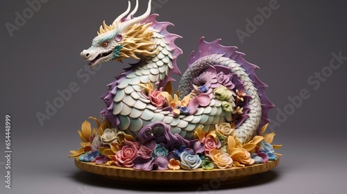 A cake that takes on the form of a whimsical dragon, featuring intricate scales and a sense of mythical enchantment.