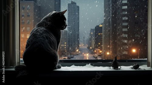 a curious cat perches on a snowy windowsill, gazing intently at the birds outside. The glass pane separates the feline from the winter wonderland beyond.