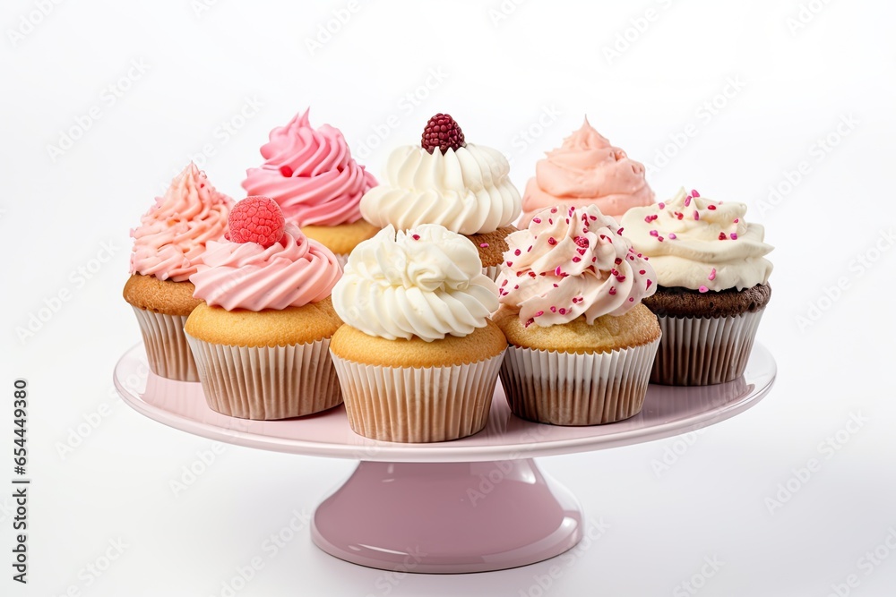 Various cupcakes on cake stand isolated on white close up view