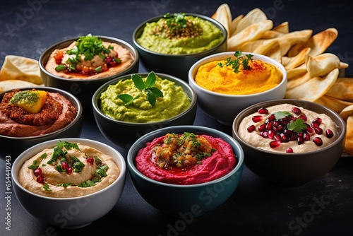 Variety of vibrant hummus bowls and dips including traditional herbs and beetroot Assorted meze and crispy pita Middle eastern snack set in a meze and snacks co photo