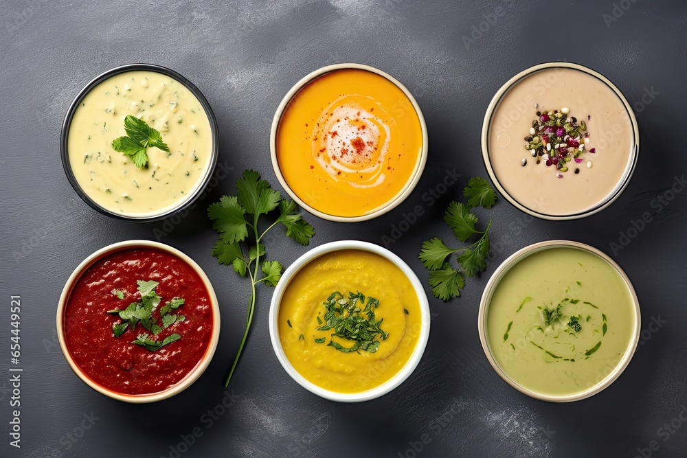Various vegan cream soups with ample space for text in a wide view Various vegan cream soups with ample space for text in a wide view