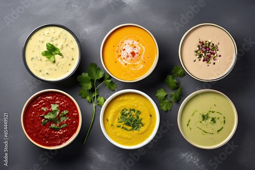 Various vegan cream soups with ample space for text in a wide view
