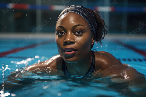 Portrait of a black woman swimming in a sports pool.