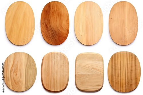 Various wooden cutting boards arranged in different angles and shapes isolated on a white background for designing purposes