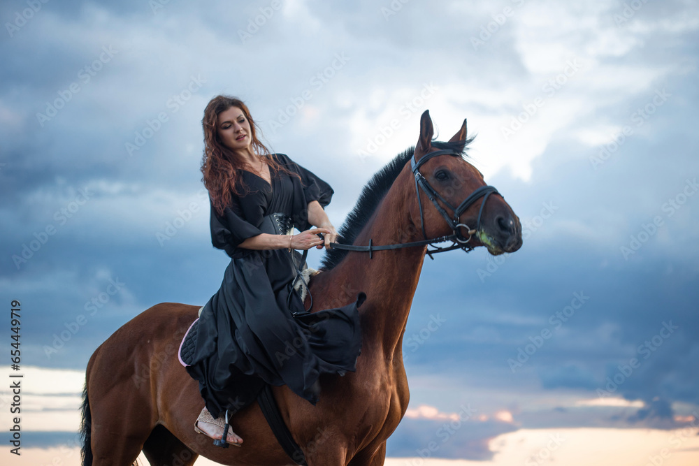 Obraz premium A beautiful young horsewoman in a black dress and with her hair down, riding a horse, portrait against the background of the evening sky, horseback riding in the open air