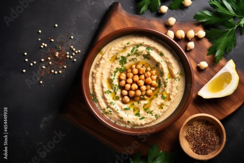 Vegetarian chickpea dishes flatlay with hummus on wooden plate and chickpeas in bowl Copy space available