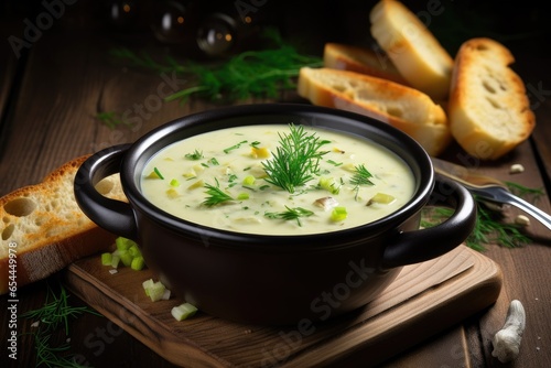 Vegetarian creamy potato and leek soup on rustic wooden background a comforting meal