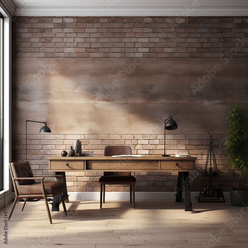 Industrial home office interior design, home office interior mockup, 3d render illustration mockup photo