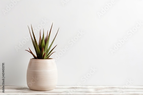 Vintage pot with a mock up white wall showcasing an aloe plant