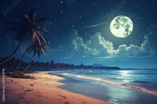 Vintage retro artwork of a beautiful tropical beach with a starry night sky and a full moon