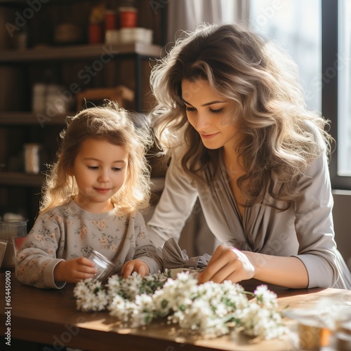 Mother and child do household chores together  creating coziness together with the toddler. Child development at home. Hobbies and passion