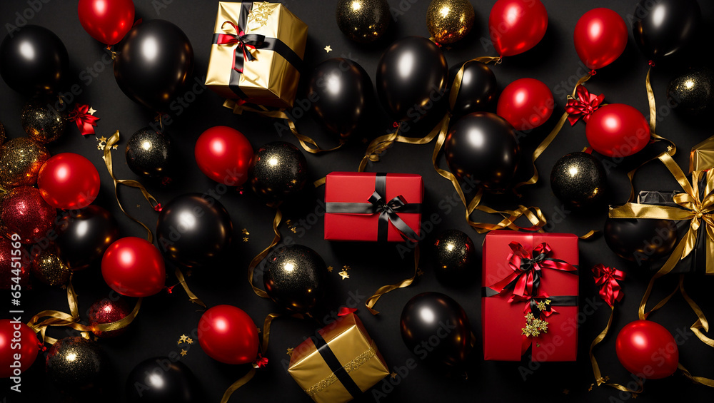 Balloons, gift boxes with bows Balloons, gift boxes with bows
