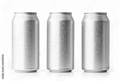 Water filled slim aluminum cans silver and isolated on white adorned with droplets of water and ice