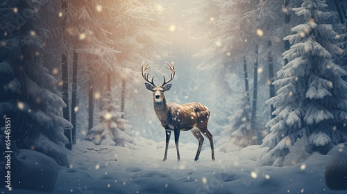 deer decorated with Christmas decorations in a serene winter forest. a deer stands among snow-covered trees  decorated with holiday decorations 