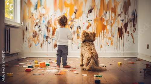 Boy and his dog looking at a wall full of children's doodles and paintings. Messy living room. Concept of children's creativity and mischief of kids and pets. Generative ai © JMarques