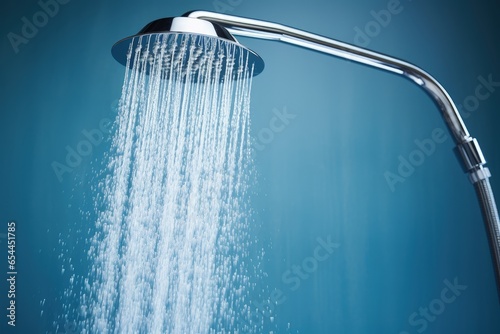 Water stream from shower head against blue backdrop