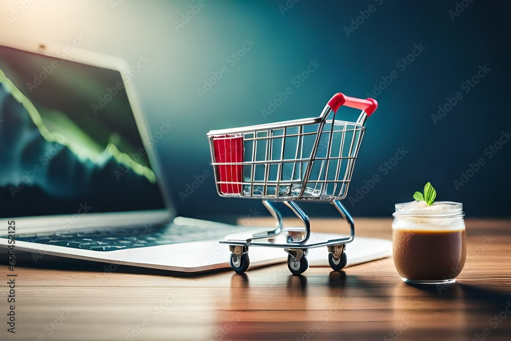 shopping cart on laptop, onile shopping concept, AI Generated shopping cart on laptop, onile shopping concept, AI Generated