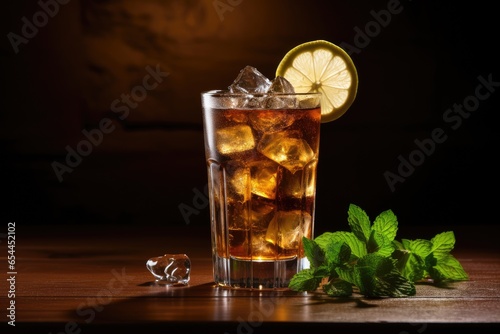 Whiskey soda drink topped with mint and lime served in a tall glass with ice photo