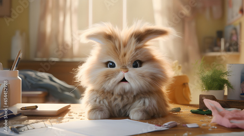  A Grumpy fluffy bunny in the kitchen with a notebook. Generated Ai.