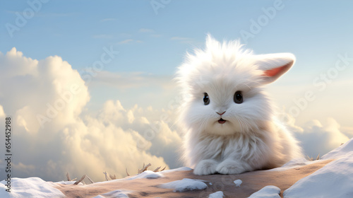 The grumpy white fluffy bunny in the snow.