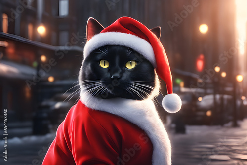 Cute black cat with Christmas decoration. Generative AI