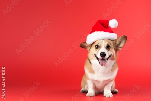 Happy cute corgi dog in Santa Claus hat on red background with copy space. Christmas and New Year celebration concept. © Alexandra Selina