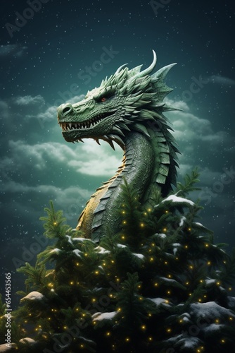 Dragon and Christmas tree. Symbol of Chinese new year 2024.
