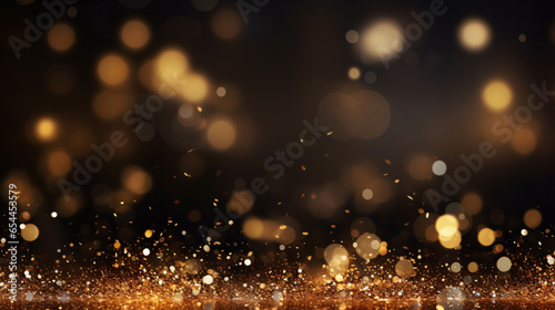 Celebratory Merry Christmas and Happy New Year backdrop featuring shimmering gold particles set against a dark background..