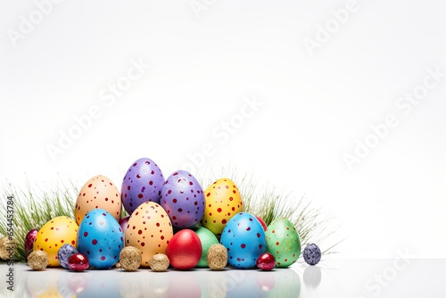 White background with Easter eggs and space for text photo